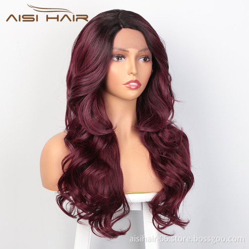 Aisi Hair New Design Long Wavy Ombre Red Wig Body Wave Swiss Lace Wig Cosplay Synthetic Lace Frontal Hair Wigs For Black Women